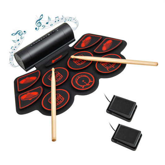 9-Pad Electric Drum Set for Beginners, MIDI USB Connection Dual Stereo Speakers Black+Red
