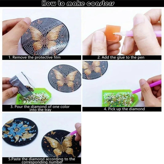 Diamond Art Drawing Coaster With Bracket, DIY Butterfly Pattern Diamond Art Coaster, Suitable For Adults And Beginners Diamond Drawing Kit, Diamond Kit Craft Supplies, Exquisite Gifts For Friends