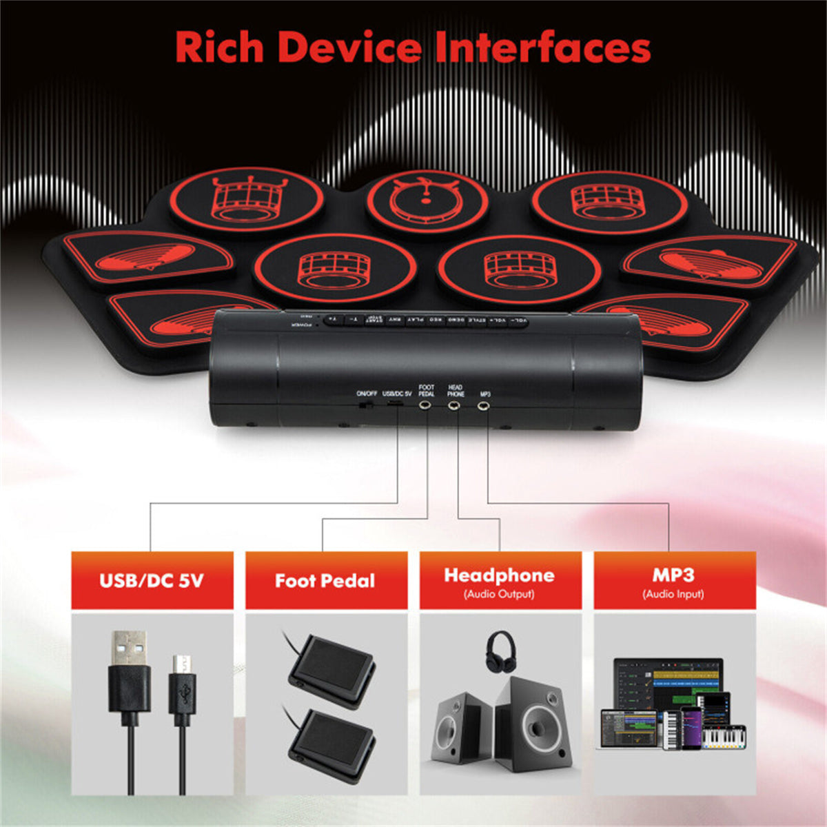 9-Pad Electric Drum Set for Beginners, MIDI USB Connection Dual Stereo Speakers Black+Red