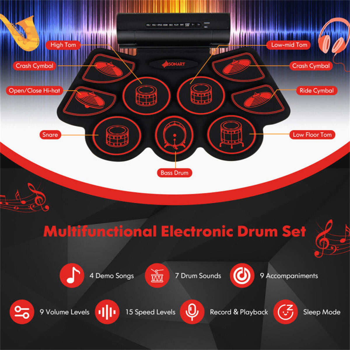 9-Pad Electric Drum Set for Beginners, MIDI USB Connection Dual Stereo Speakers Black+Red