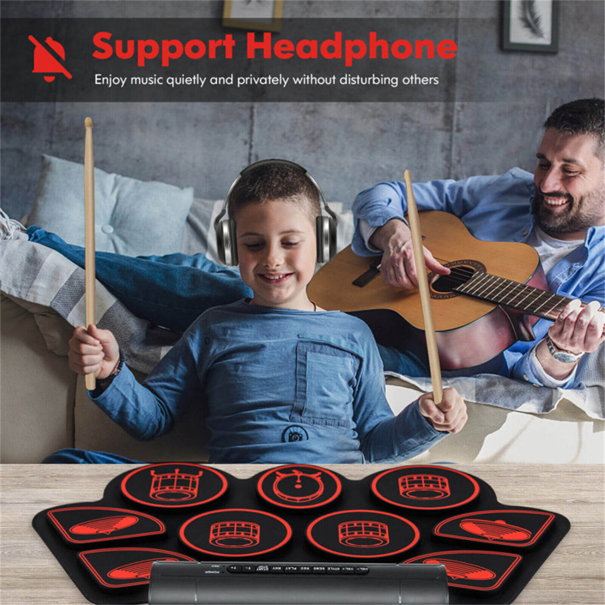 9-Pad Electric Drum Set for Beginners, MIDI USB Connection Dual Stereo Speakers Black+Red
