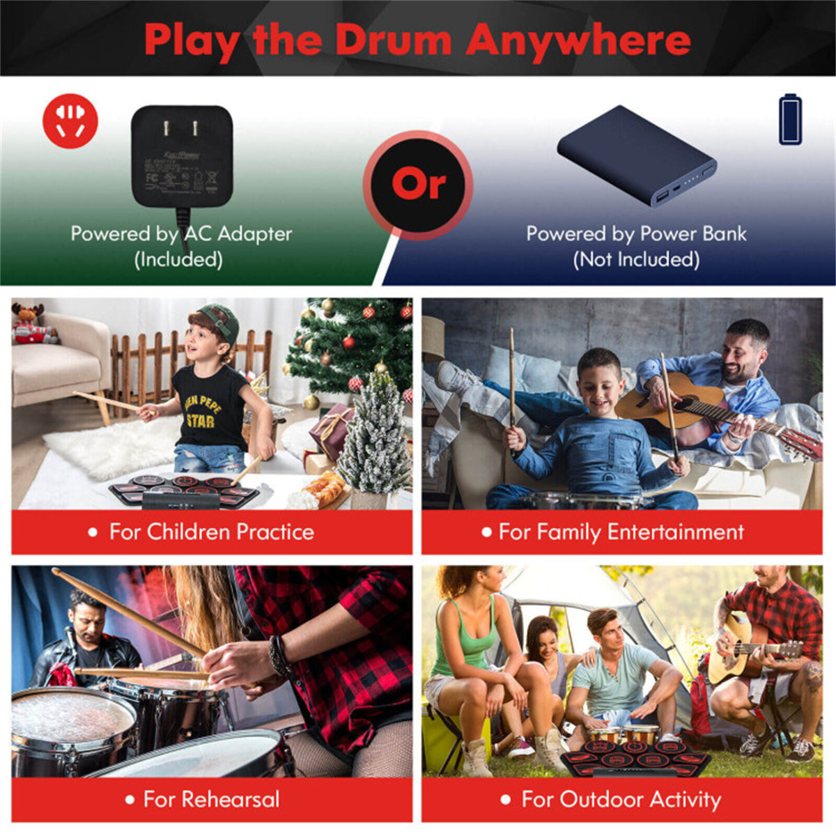9-Pad Electric Drum Set for Beginners, MIDI USB Connection Dual Stereo Speakers Black+Red