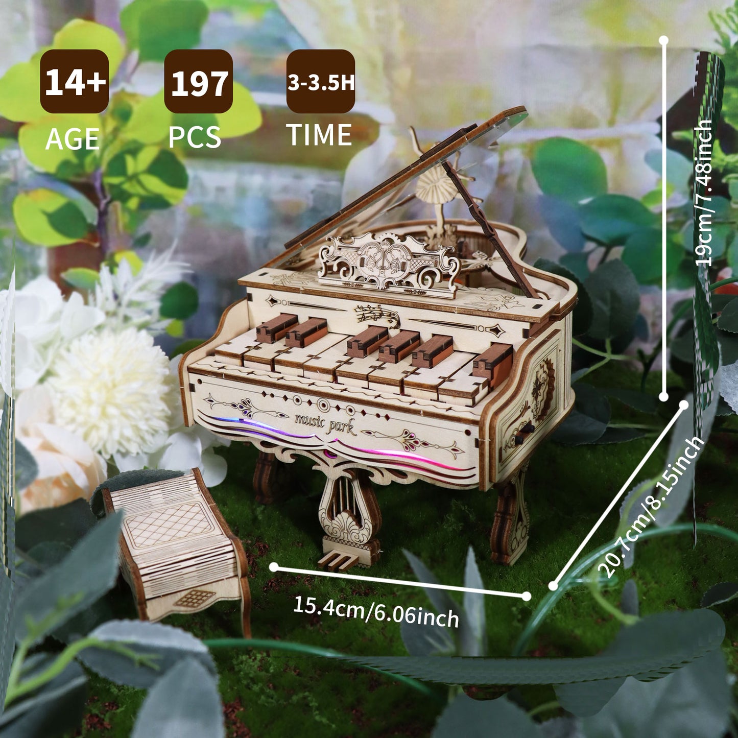 MUSIC PARK 3d Wooden Puzzle Piano Music Box Can be played Handmade Assembly Model kit DIY Crafts Holidays birthdays Christmas Gifts