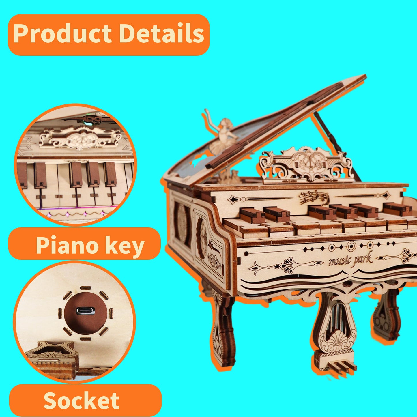 MUSIC PARK 3d Wooden Puzzle Piano Music Box Can be played Handmade Assembly Model kit DIY Crafts Holidays birthdays Christmas Gifts